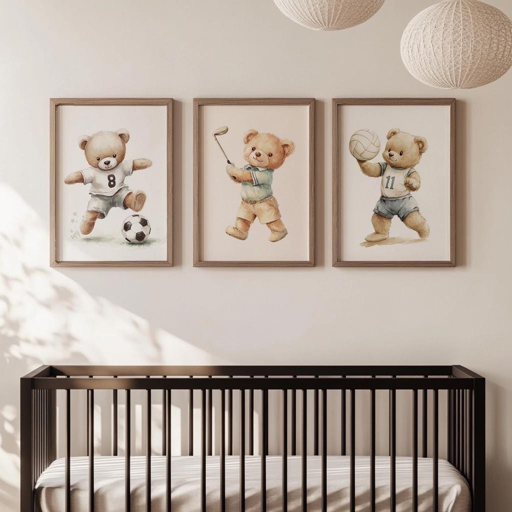 Sports Nursery Wall Art Set of 6, Teddy Bear Nursery Decor, Vintage ...