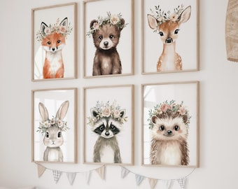 Woodland Nursery Decor Set of 6, Floral Woodland Animal Nursery Wall Art, Boho Baby Girl Room Decor, Deer Fox Bunny Prints, Digital Download