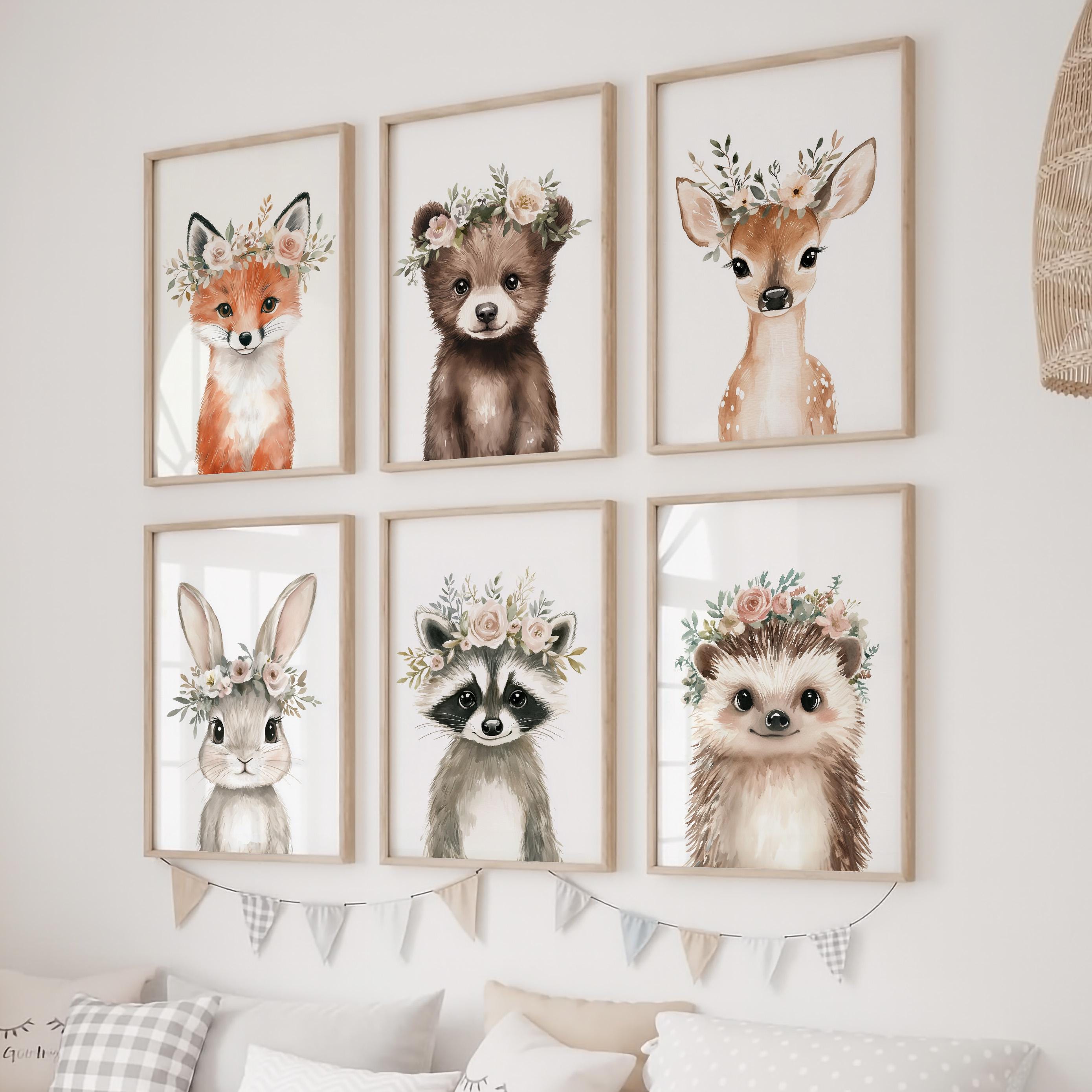 Woodland Nursery Decor Set of 6, Floral Woodland Animal Nursery Wall ...