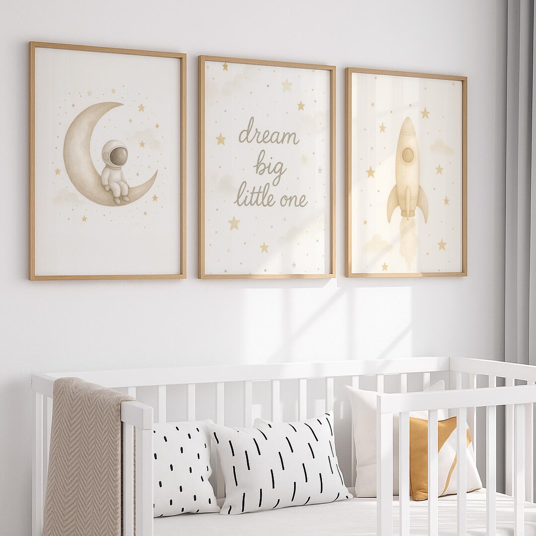 Space Nursery Art Set of 3, Dream Big Little One Wall Art, Neutral Moon ...