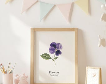 Impresión de flores de nacimiento de febrero, acuarela violeta, decoración de pared botánica minimalista con flores del mes de nacimiento, obra de arte imprimible para guardería, impresión digital