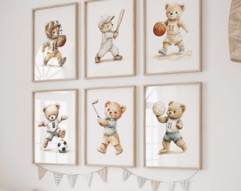 Vintage Sports Teddy Bear Prints, Baby Boy Nursery Wall Art Set, Football Baseball Basketball Soccer Golf, Animal Nursery Art Sports Nursery