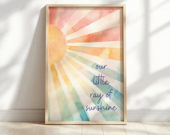 Impresión "Nuestro pequeño rayo de sol" - Arte mural de acuarela para habitación infantil - Decoración bohemia imprimible para habitación de bebé - Póster digital con frase infantil neutra