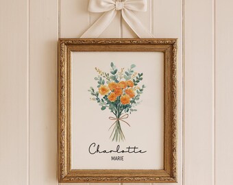 Lámina personalizada de caléndula para guardería: Arte floral de octubre (descarga digital)