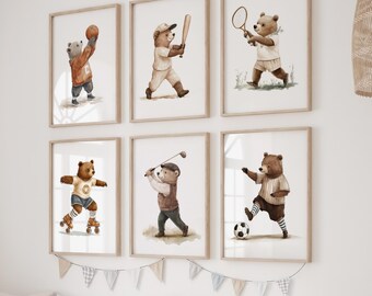 Printable Sports Teddy Bear Nursery Wall Art, Set of 6 Vintage Watercolor Animal Prints, Boys Room Decor, Baby Shower Gift, Digital Download