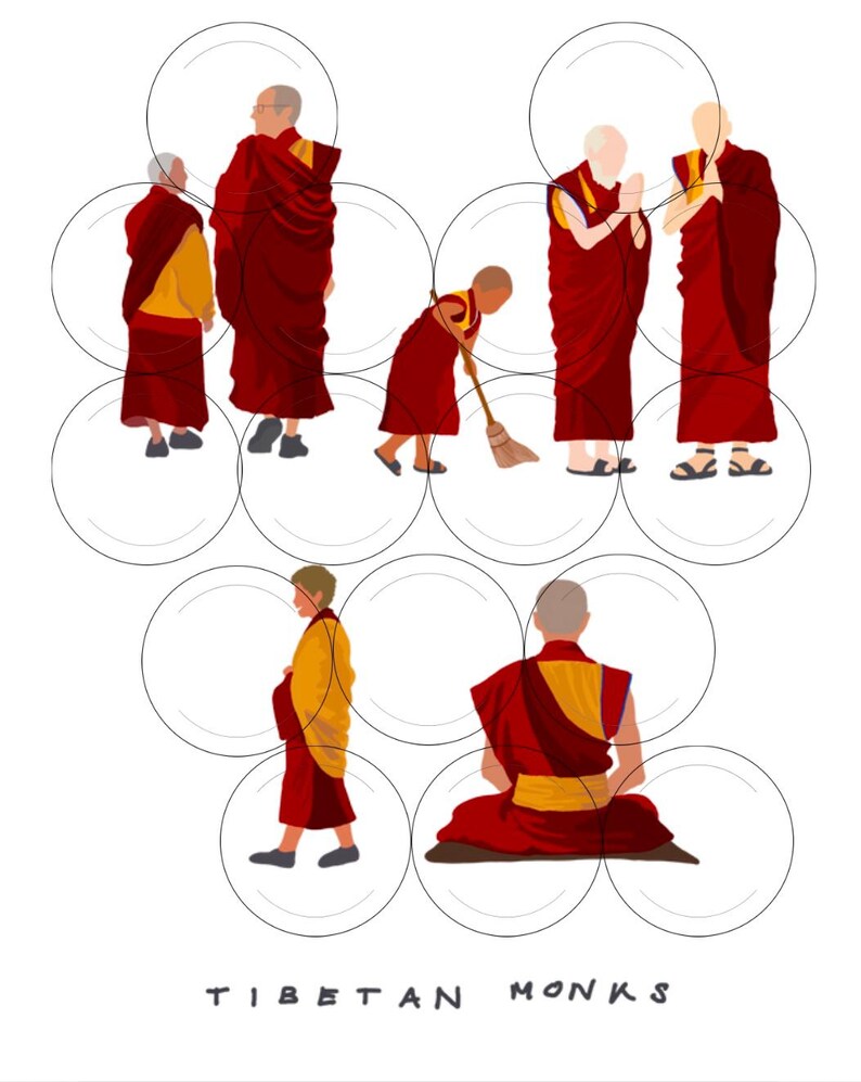 2D People Illustration Tibetan Monks Etsy