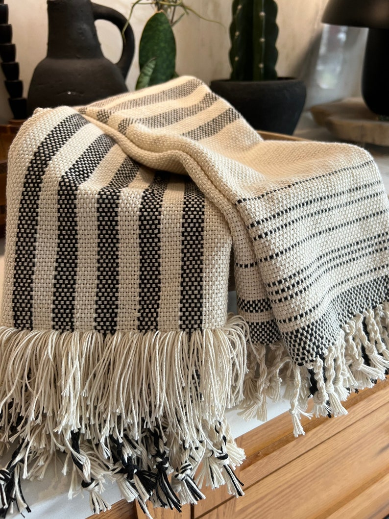 Black and white striped cotton hand woven towel image 3