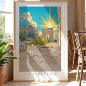 Affiche de l'Arc de Triomphe de Montpellier - Affiche de voyage française de style vintage - Art de l'architecture du milieu du siècle - Décoration murale France rétro