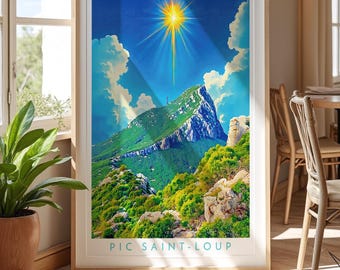 Pic Saint-Loup Mountain Print — Contemporary French Travel-Style Illustration with White Border and Iconic Occitanie Landscape Scene