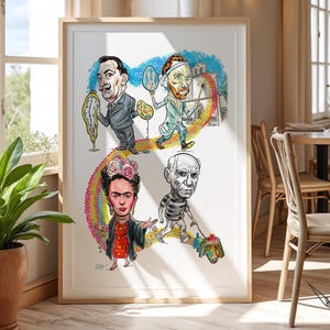 Paseo artístico por la Provenza. Impresión Giclée. Arte vintage dibujado a mano. Ilustración de pintores famosos: Dalí, Van Gogh, Picasso, Kahlo.