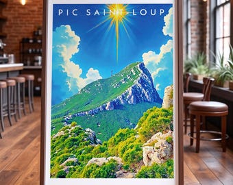 Pic Saint-Loup Poster — Edge-to-Edge Affordable Art Print of Iconic Southern France Mountain with Sunburst and Mediterranean Sky