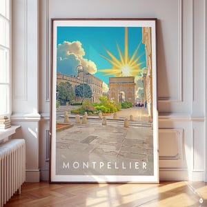 Affiche de l'Arc de Triomphe de Montpellier - Affiche de voyage française de style vintage - Art de l'architecture du milieu du siècle - Décoration murale France rétro