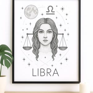 Libra Zodiac Wall Art – Black and White Ink Illustration | Libra Gift | Celestial Horoscope Decor
