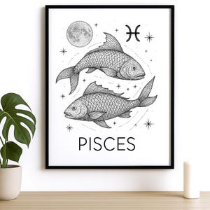 Pisces Zodiac Wall Art – Black and White Ink Illustration | Pisces Gift | Celestial Horoscope Decor