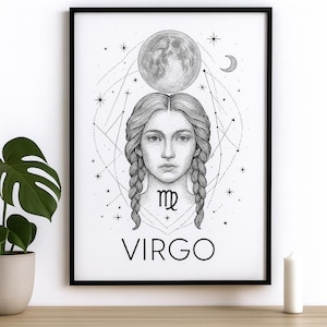 Virgo Zodiac Wall Art – Black and White Ink Illustration | Virgo Gift | Celestial Horoscope Decor