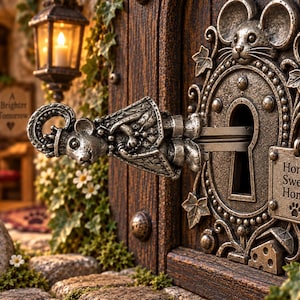 May include: A dark brown wooden door featuring a metallic silver key shaped like a mouse, inserted into a keyhole surrounded by an ornate mouse-themed frame. A small square plaque attached to the frame reads Home Sweet Home with a paw print icon.