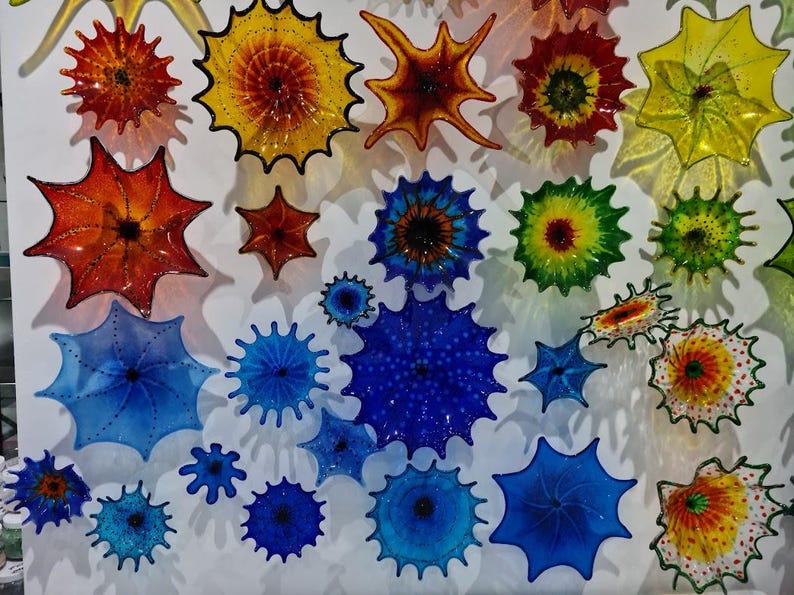 May include: A collection of colorful, starburst-shaped glass art pieces in various sizes and hues, including red, orange, yellow, green, and blue. The pieces are mounted on a white wall, creating a vibrant display.