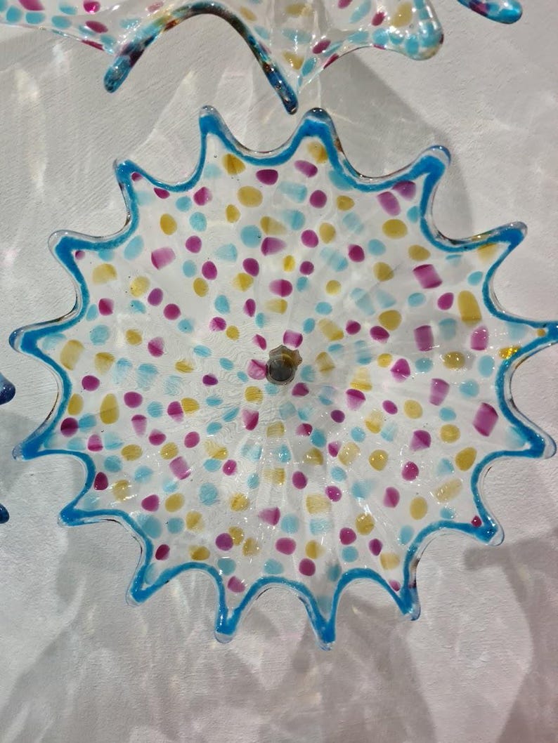 May include: A clear glass decorative plate with a scalloped edge and a blue trim. The plate is decorated with colorful polka dots in yellow, purple, and light blue. The plate is mounted on a white wall.