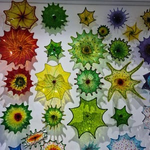 May include: A collection of colorful, spiky glass art pieces in various sizes and hues, including red, yellow, green, and blue. The pieces are mounted on a white wall, creating a vibrant and textured display.