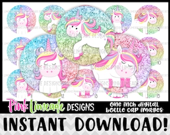 Rainbow Glitter + Unicorns - INSTANT DOWNLOAD 1" Bottle Cap Images 4x6 - 1251