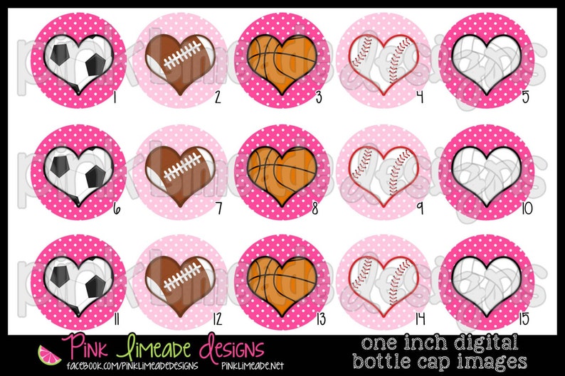 Puede incluir: Quince c&iacute;rculos rosados y blancos con lunares y una forma de coraz&oacute;n en el centro. Cada coraz&oacute;n contiene una pelota de deporte diferente: f&uacute;tbol, f&uacute;tbol americano, baloncesto, b&eacute;isbol y voleibol. Los c&iacute;rculos est&aacute;n numerados del 1 al 15.