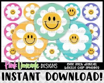 Pastel Rainbow Smiley Daisies - INSTANT DOWNLOAD 1" Bottle Cap Images 4x6 - 1264