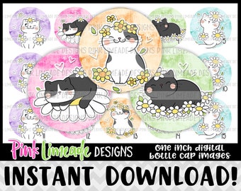 Kitties & Daisies - INSTANT DOWNLOAD 1" Bottle Cap Images 4x6 - 1265