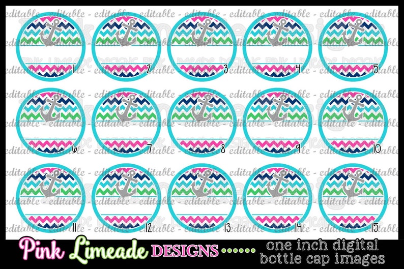 Op de afbeelding: Set van 15 afdrukbare ronde flesdop afbeeldingen met een nautisch thema. Elke afbeelding heeft een witte achtergrond met een chevron patroon in roze, blauw en groen. Een zilveren anker is gecentreerd op elke afbeelding.