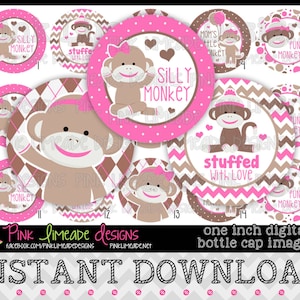 Pink & Brown Sock Monkeys - INSTANT DOWNLOAD 1&quot; Bottle Cap Images 4x6 - 800