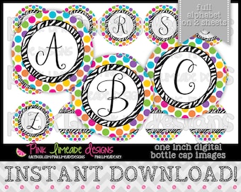Rainbow Dots & Zebra Alphabet Set - DESCARGA INSTANTE 1" Tapa de botella Imágenes 4x6 - 690