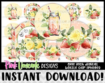 Strawberry Lemonade - INSTANT DOWNLOAD 1" Bottle Cap Images 4x6 - 1240