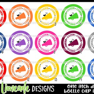 May include: Fifteen 1-inch round digital bottle cap images featuring a cheerleading megaphone with a heart and the text "Cheer" in a circle. The megaphones are in various colors: red, orange, yellow, green, blue, purple, pink, gray, and white.