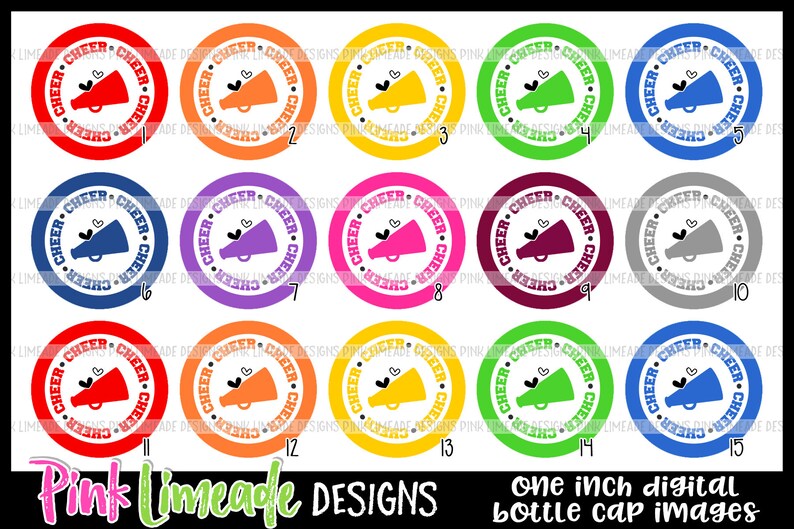 May include: Fifteen 1-inch round digital bottle cap images featuring a cheerleading megaphone with a heart and the text "Cheer" in a circle. The megaphones are in various colors: red, orange, yellow, green, blue, purple, pink, gray, and white.