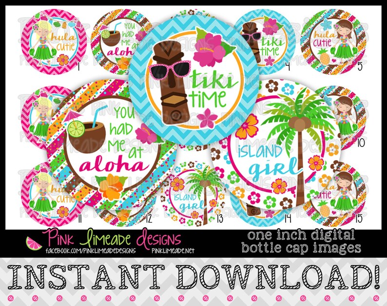 Pu&ograve; includere: Una collezione di immagini digitali di tappi di bottiglia da un pollice a tema hawaiano. I disegni includono un tiki con occhiali da sole, palme e ragazze con gonne hula. Il testo include "Tiki Time", "Island Girl" e "You had me at Aloha".
