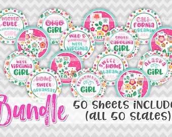 BUNDLE - States Series - 50 sheets - home sweet home floral cute sayings - INSTANT DOWNLOAD 1&quot; Bottle Cap Images 4x6