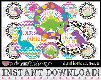 May include: A set of 15 printable 1-inch round bottle cap images featuring cute dinosaurs with colorful backgrounds and text. The text includes "rawr means I love you in dinosaur", "prehistoric prince", "cutiesaurus", "colossal cutie", and "walk on the wild side".