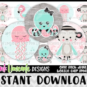 May include: A collection of one-inch digital bottle cap images featuring cute animal designs. The images include a fox, flamingo, jellyfish, octopus, and monkey, all in pastel colors with floral and patterned backgrounds. Text reads "Pink Limeade Designs" and "INSTANT DOWNLOAD!"