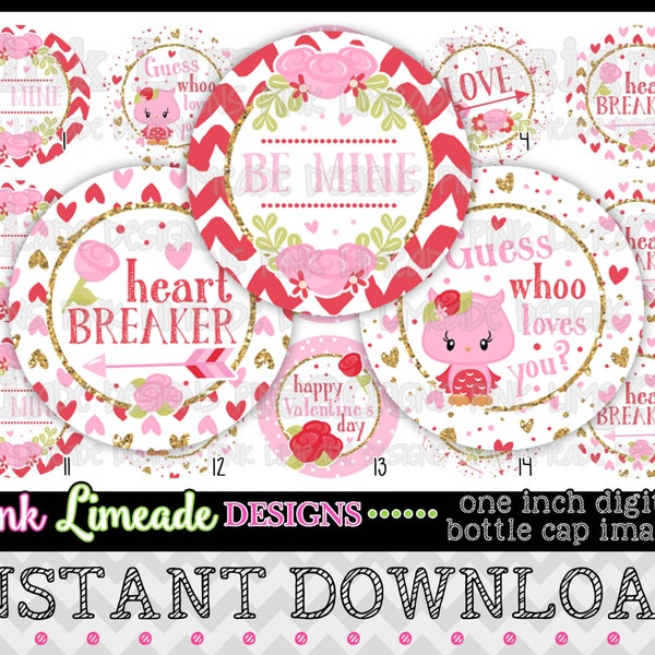 Pink Red Gold Valentine's Day - INSTANT DOWNLOAD 1" Bottle Cap Images 4x6 - 886