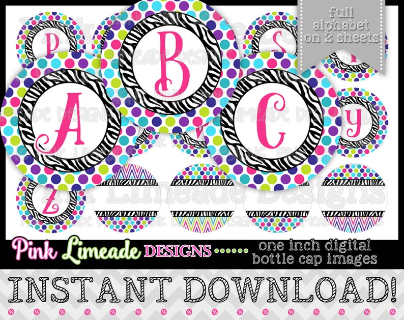 Puede incluir: Un conjunto de 26 im&aacute;genes digitales de tapones de botella imprimibles, de una pulgada, con un fondo de estampado de cebra con lunares coloridos y una letra rosa en el centro. El texto "alfabeto completo en 2 hojas" tambi&eacute;n est&aacute; incluido en la imagen.