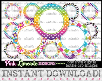 BEWERKBARE Girly regenboogkleuren - INSTANT DOWNLOAD 1" fles Cap afbeeldingen 4 x 6 - 070e