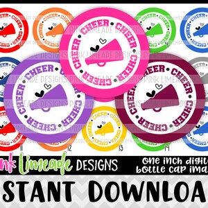 May include: Ten 1-inch round digital bottle cap images featuring a white megaphone with hearts and the text "Cheer" in a circle. The images are in various colors, including red, orange, pink, purple, maroon, green, blue, and gray.