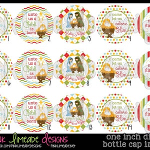 May include: Set of 15 one-inch digital bottle cap images featuring Christmas themes. The images include a variety of designs with angels, stars, and nativity scenes. The images are perfect for creating personalized bottle caps for gifts or parties.