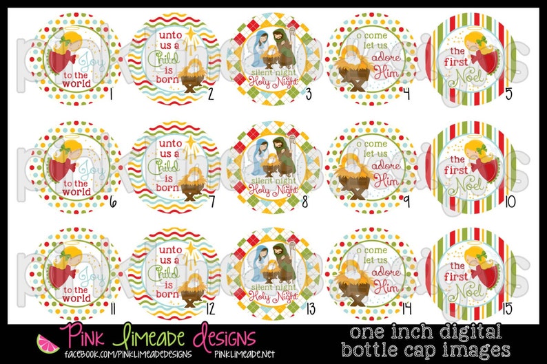 May include: Set of 15 one-inch digital bottle cap images featuring Christmas themes. The images include a variety of designs with angels, stars, and nativity scenes. The images are perfect for creating personalized bottle caps for gifts or parties.