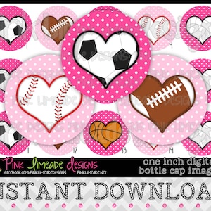 Puede incluir: Conjunto de 15 im&aacute;genes digitales de tapones de botella circulares de lunares rosas y blancos con diferentes corazones tem&aacute;ticos deportivos. Los deportes incluyen b&eacute;isbol, f&uacute;tbol americano, baloncesto y f&uacute;tbol.