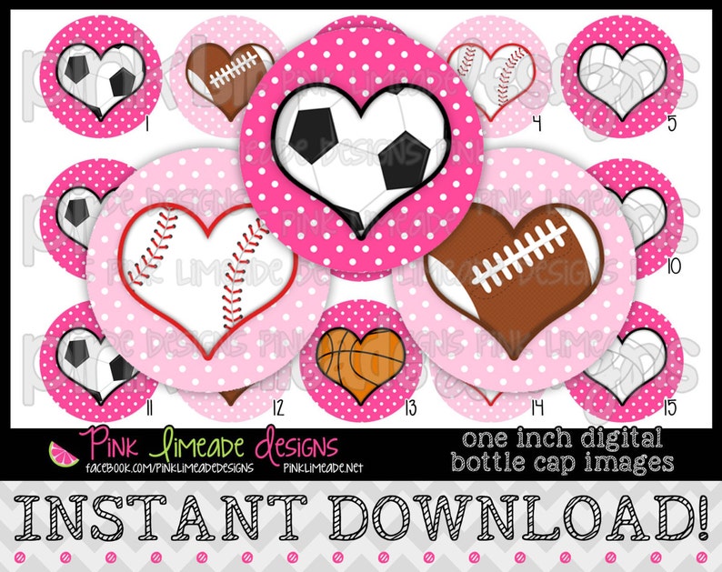 Puede incluir: Conjunto de 15 im&aacute;genes digitales de tapones de botella circulares de lunares rosas y blancos con diferentes corazones tem&aacute;ticos deportivos. Los deportes incluyen b&eacute;isbol, f&uacute;tbol americano, baloncesto y f&uacute;tbol.