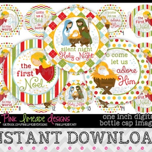 May include: Set of 15 one-inch digital printable bottle cap images featuring a Christmas nativity scene, angels, and text like "Silent Night Holy Night", "O Come Let Us Adore Him", and "The First Noel".