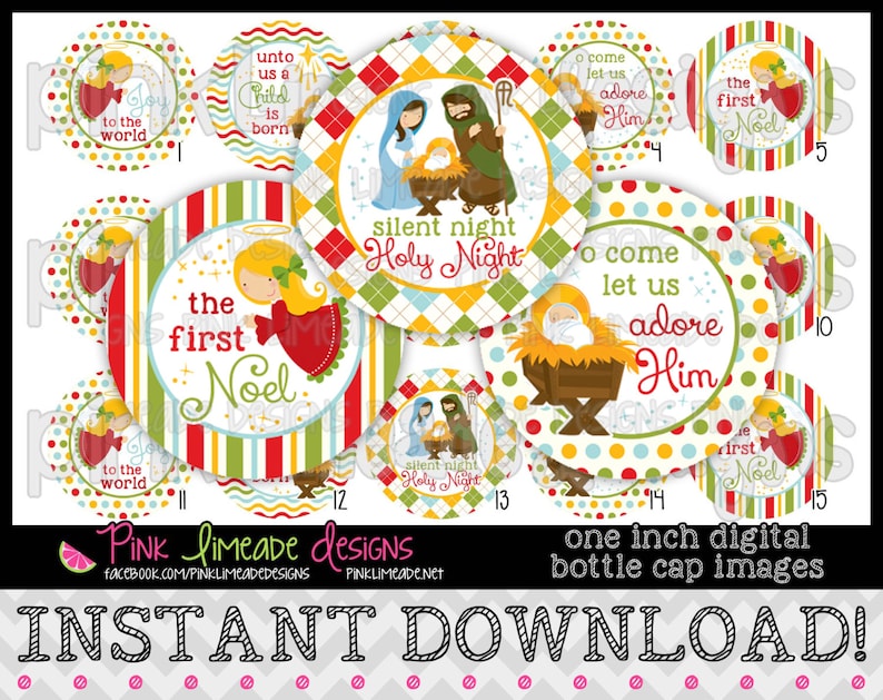 May include: Set of 15 one-inch digital printable bottle cap images featuring a Christmas nativity scene, angels, and text like "Silent Night Holy Night", "O Come Let Us Adore Him", and "The First Noel".