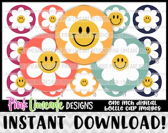 Retro Rainbow Smiley Daisies - INSTANT DOWNLOAD 1" Bottle Cap Images 4x6 - 1263