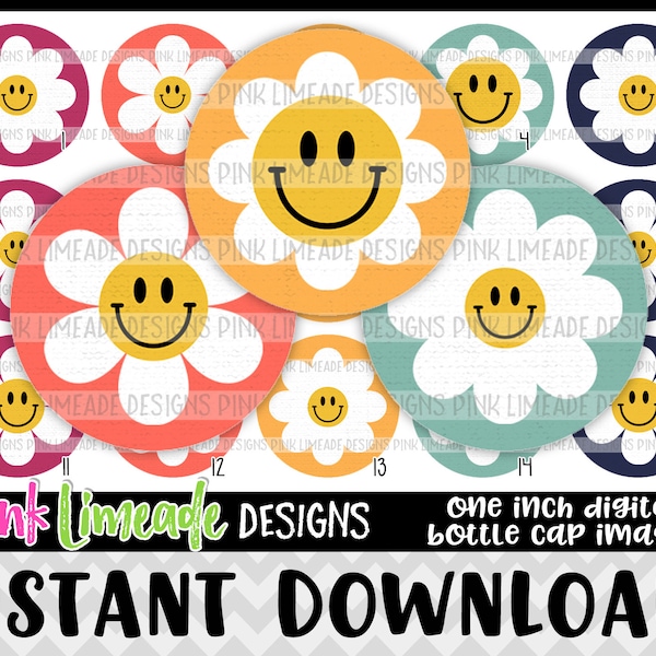 Retro Rainbow Smiley Daisies - INSTANT DOWNLOAD 1" Bottle Cap Images 4x6 - 1263
