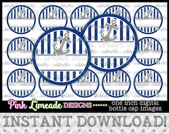 EDITABLE Navy Stripe Anchors - INSTANT DOWNLOAD 1" Bottle Cap Images 4x6 - 075e